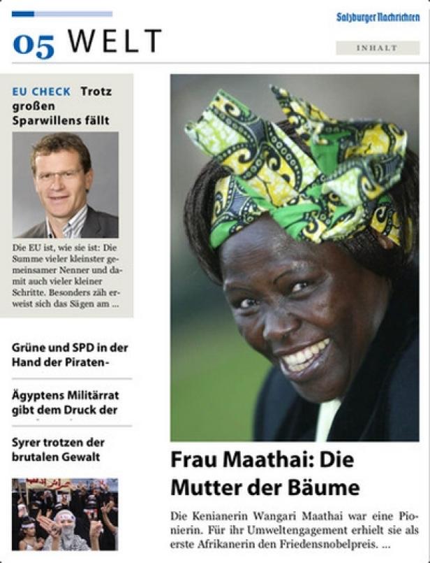 SN/HD - iPad-App - Salzburger Nachrichten Wangari Maathai, die kenianische Umweltaktivistin und Friedensnobelpreisträgerin, lächelt.