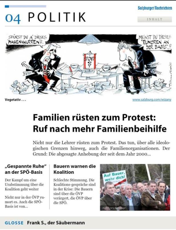 Eine Karikatur zeigt zwei Politiker an einem Tisch mit der Frage, wer die SPÖ/ÖVP anführt.