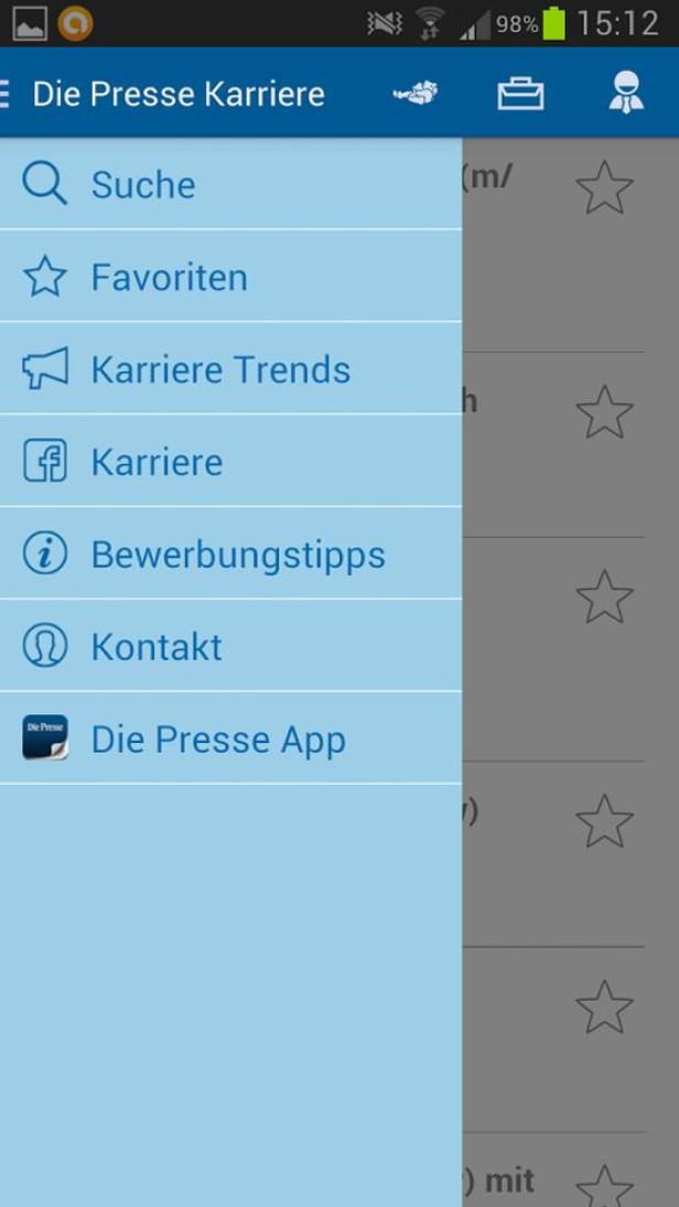 Ein Screenshot der „Die Presse Karriere“-App mit verschiedenen Menüpunkten.