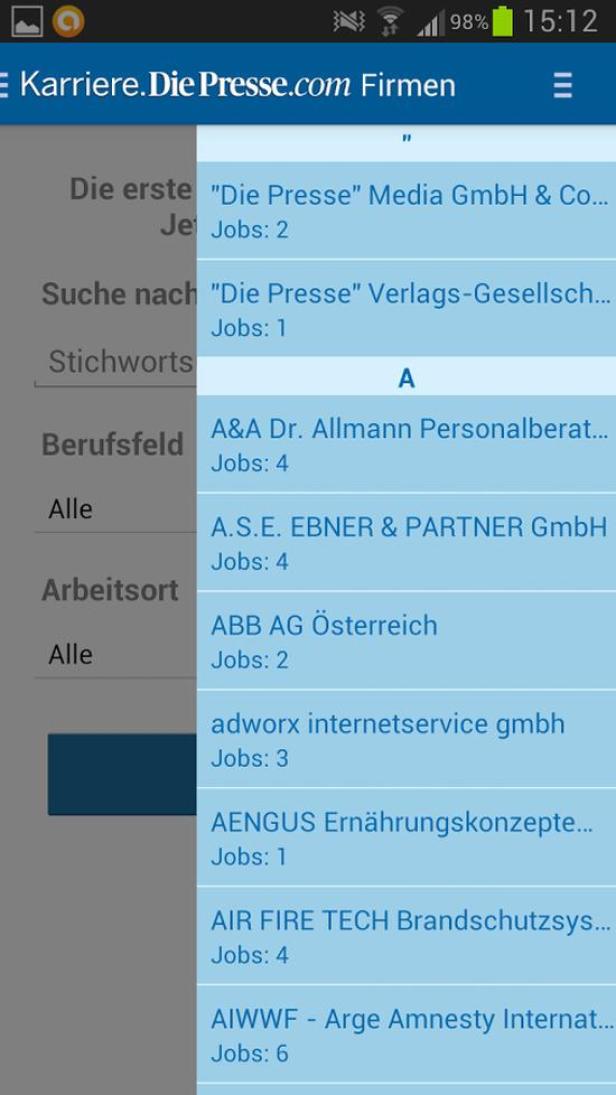 Ein Screenshot der Karriereseite von DiePresse.com mit Firmenlogos und Jobangeboten.