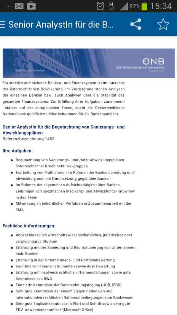 Eine Stellenanzeige der Oesterreichischen Nationalbank für eine/n Senior Analyst/in.