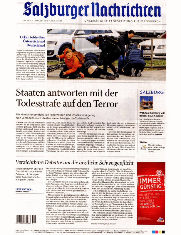 Titelseite der Salzburger Nachrichten vom 1. April 2015 mit Artikeln über einen Orkan und Todesstrafe.