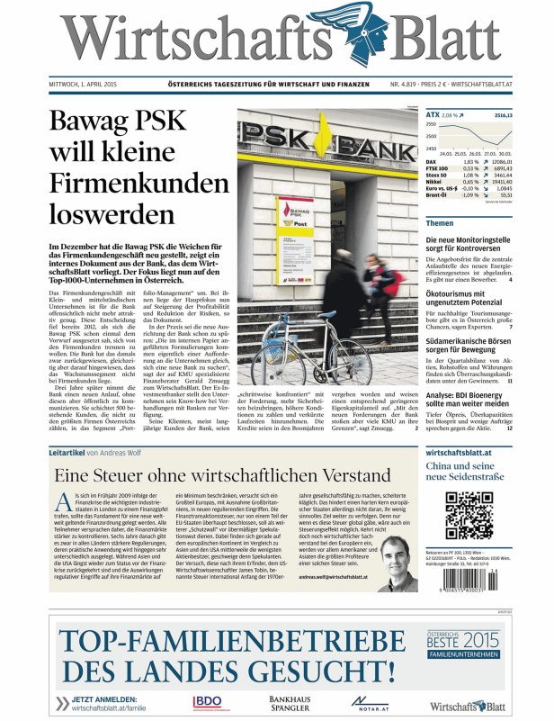 Titelseite des Wirtschaftsblatt vom 1. April 2015 mit dem Titel „Bawag PSK will kleine Firmenkunden loswerden“.