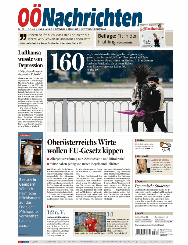 Titelseite der OÖ Nachrichten vom 1. April 2015.