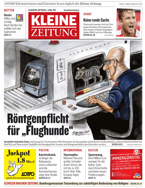 Karikatur in der „Kleinen Zeitung“ zeigt einen Hund im Handgepäck-Scanner.
