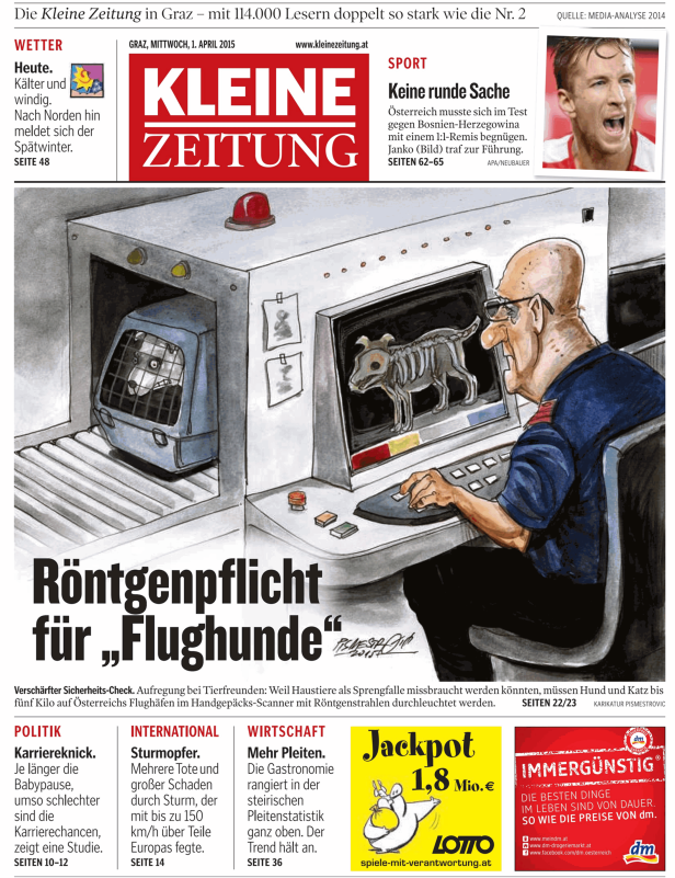 Karikatur in der „Kleine Zeitung“ zeigt einen Hund, der am Flughafen geröntgt wird.