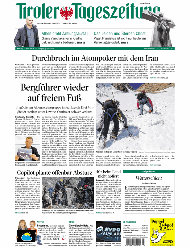 Titelseite der Tiroler Tageszeitung vom 3. April 2015.