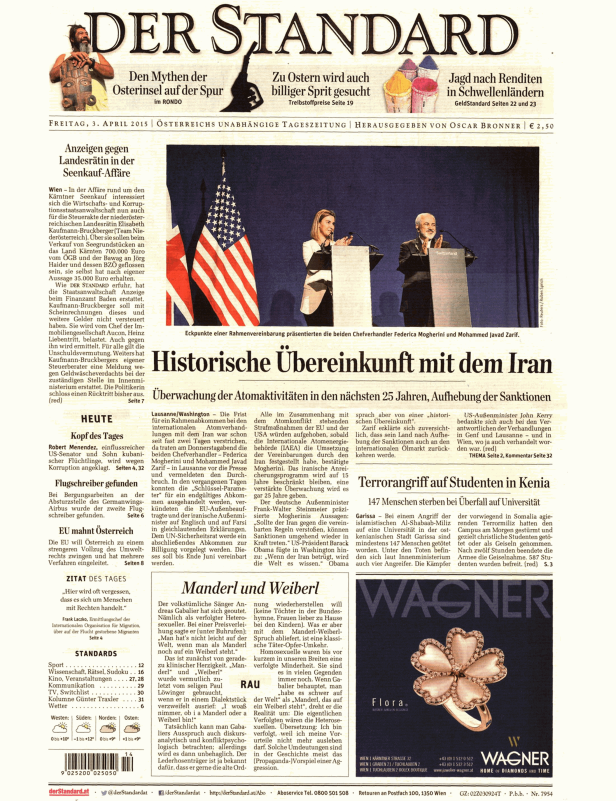 Die Chefverhandler Federica Mogherini und Mohammed Javad Zarif präsentieren die historische Übereinkunft mit dem Iran.