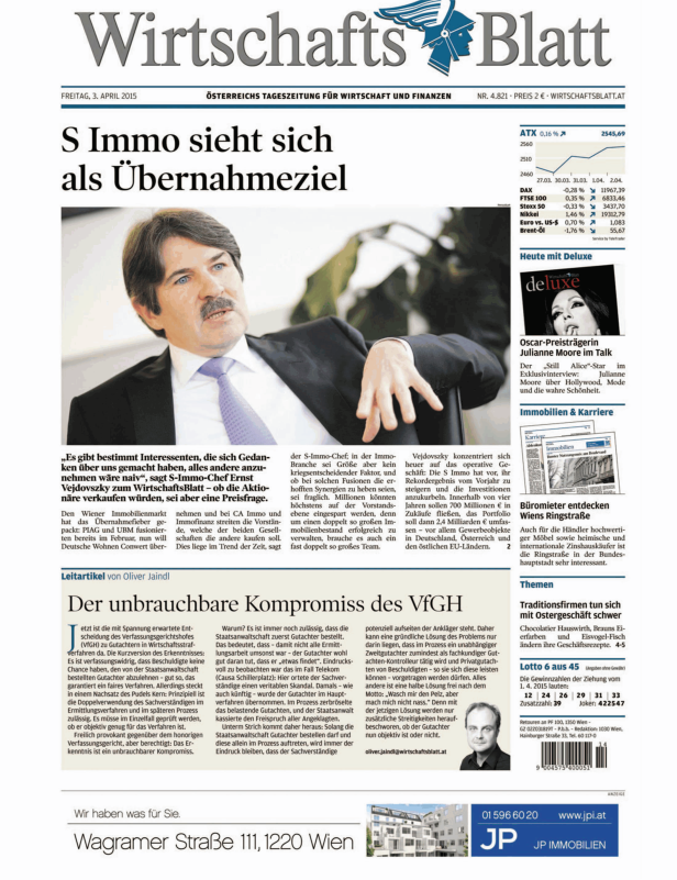 Titelseite des WirtschaftsBlatt vom 3. April 2015 mit einem Artikel über S Immo als Übernahmeziel.