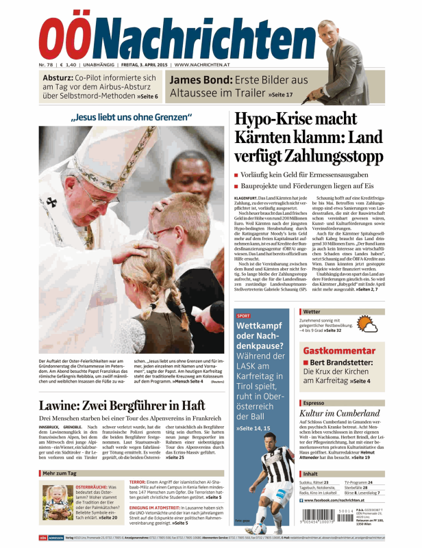 Titelseite der OÖNachrichten vom 3. April 2015 mit Papst Franziskus und Artikeln zu verschiedenen Themen.