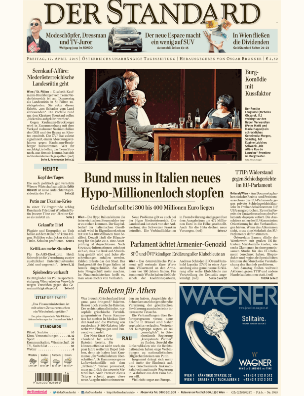 Titelseite des „Der Standard“ vom 17. April 2015.