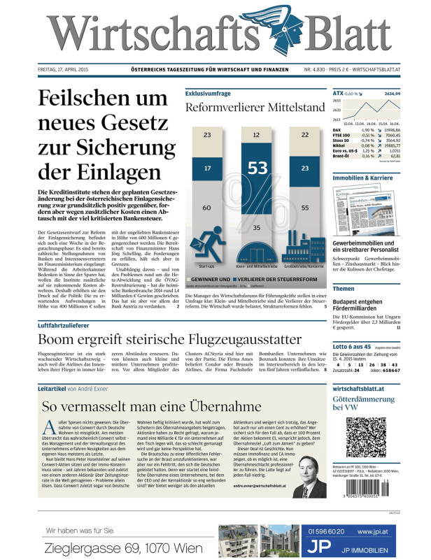 Titelseite des Wirtschaftsblatt vom 17. April 2015.