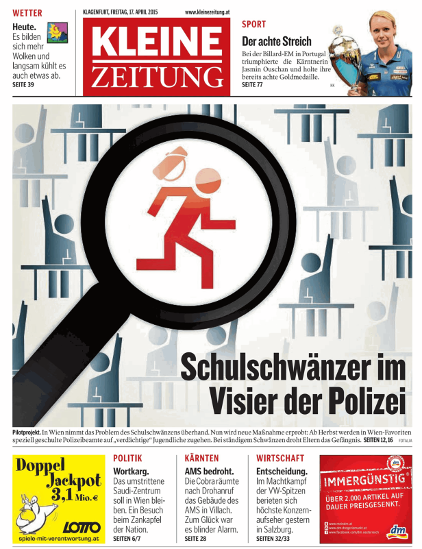 Titelseite der Kleinen Zeitung zum Thema Schulschwänzen mit einer Lupe über Schülern.