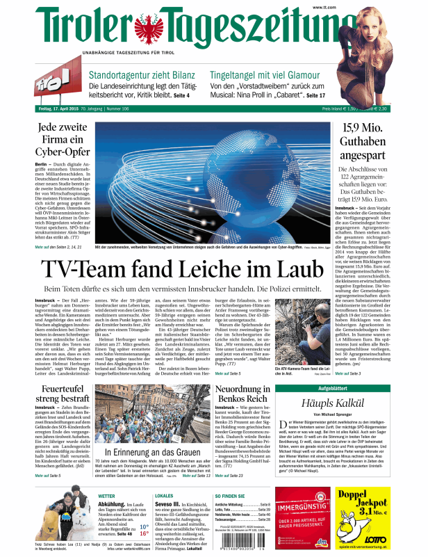 Titelseite der Tiroler Tageszeitung vom 17. April 2015.