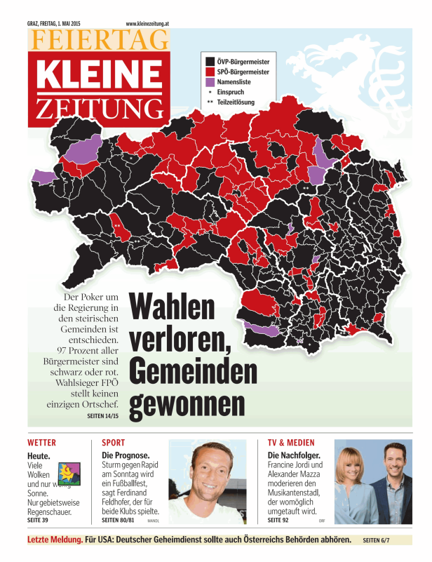 Eine Karte von Österreich, die die Bürgermeister nach Partei (ÖVP, SPÖ) in den Gemeinden darstellt.
