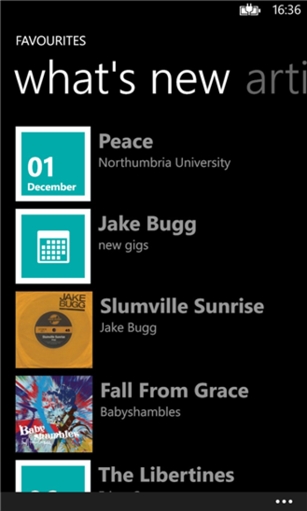 Ein Screenshot einer Musik-App mit den Künstlern Peace, Jake Bugg, Babyshambles und The Libertines.