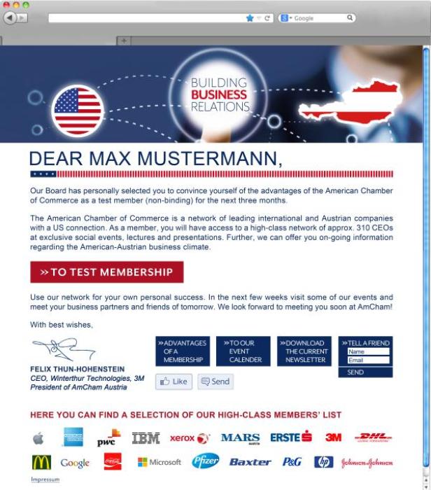 Eine E-Mail von der Amerikanischen Handelskammer mit dem Betreff „Building Business Relations“.