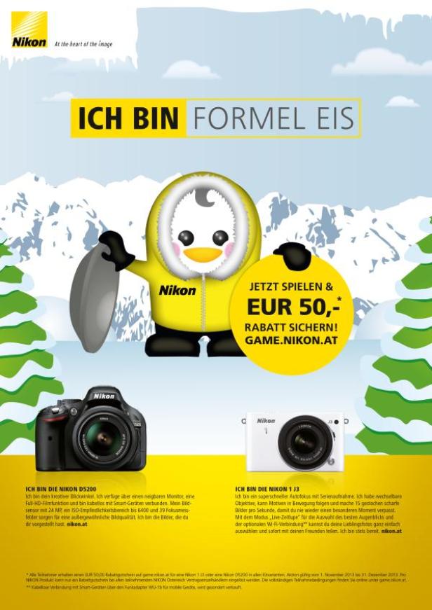 Eine Nikon-Werbung mit einem Comic-Pinguin und Informationen zu Rabatten.