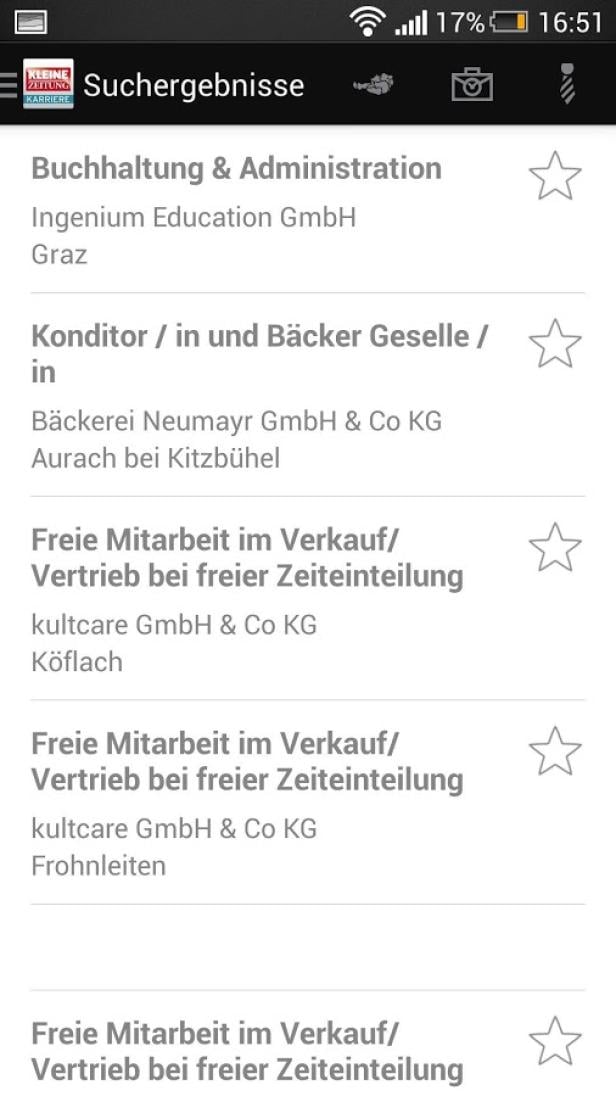 Ein Screenshot einer Jobbörsen-App mit Suchergebnissen für verschiedene Stellenangebote.