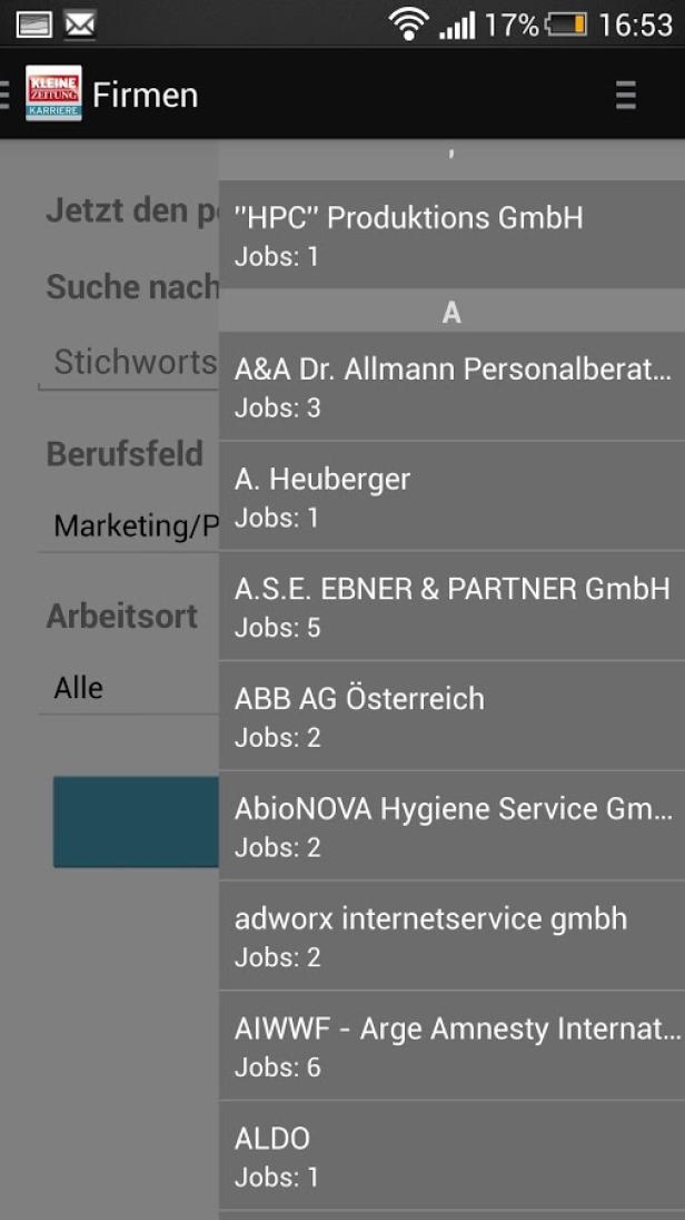 Eine Liste von Firmennamen und Jobangeboten in einer App.