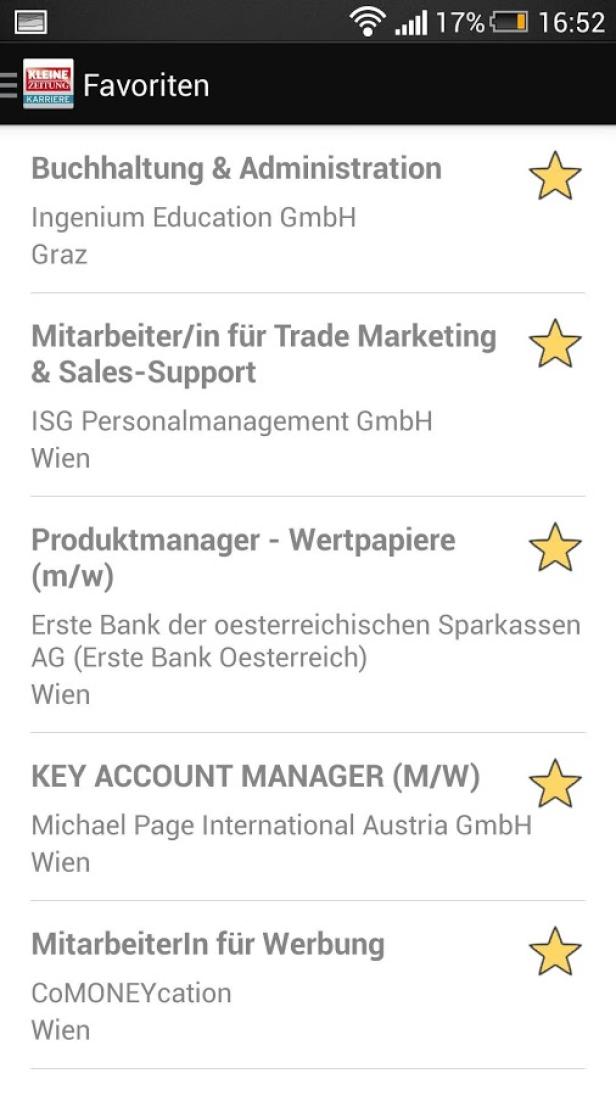 Ein Screenshot einer Job-App mit verschiedenen Stellenangeboten wie Buchhaltung und Marketing.
