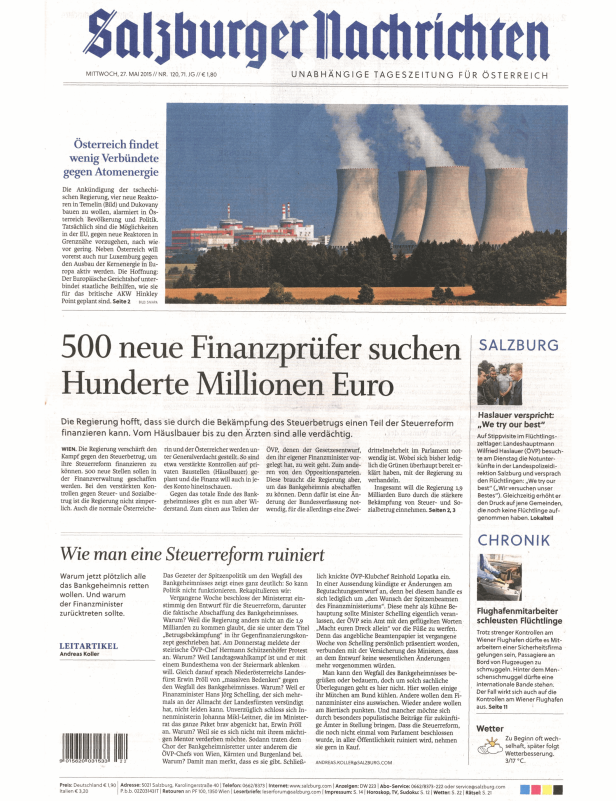 Titelseite der „Salzburger Nachrichten“ vom 27. Mai 2015.