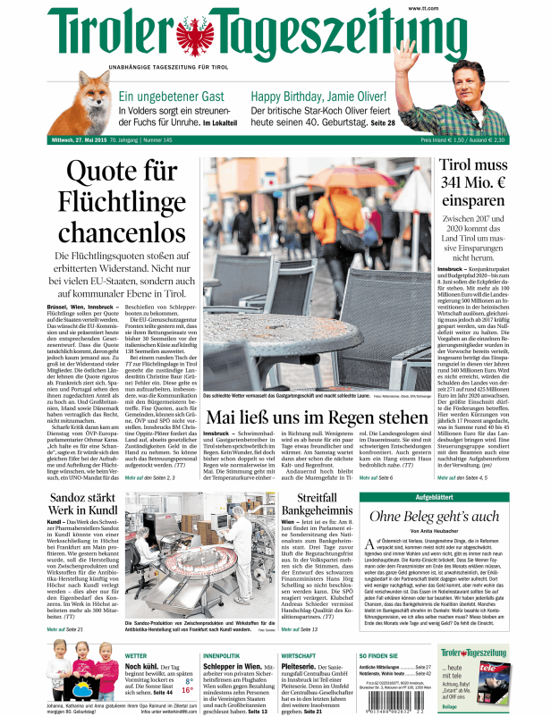 Titelseite der Tiroler Tageszeitung vom 27. Mai 2015.