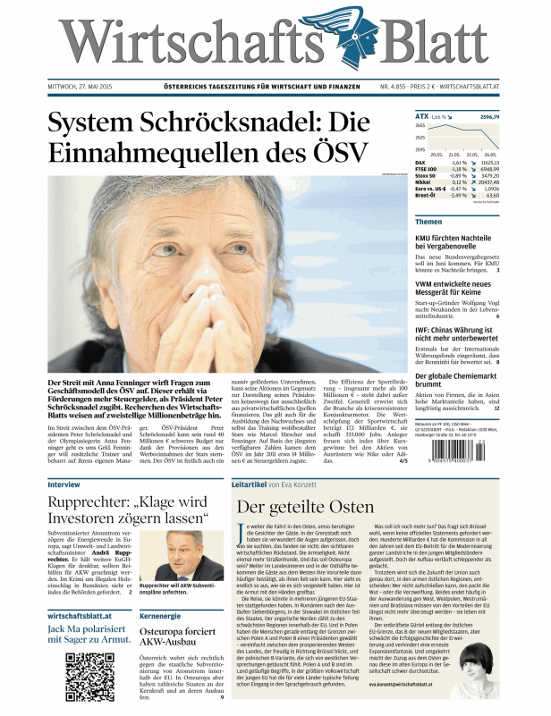 Titelseite des Wirtschaftsblatt vom 27. Mai 2015 mit dem Titel „System Schröcksnadel: Die Einnahmequellen des ÖSV“.