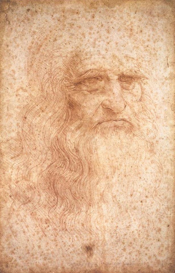 Eine Rötelzeichnung von Leonardo da Vinci, die sein Porträt im Alter zeigt.