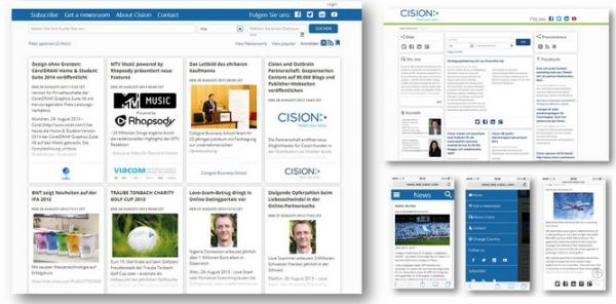 Screenshots der Cision-Website auf verschiedenen Geräten.