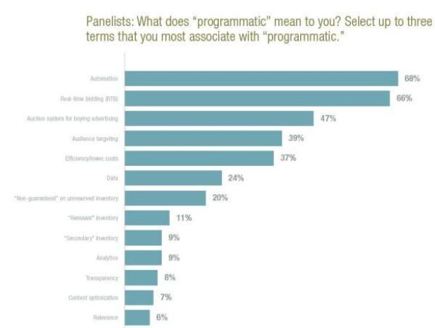 (c: winterberry group - 2013) Ein Balkendiagramm zeigt, welche Begriffe Panelteilnehmer am meisten mit „programmatisch“ assoziieren; Automation und Real-Time Bidding führen.