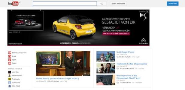 Ein Screenshot der YouTube-Startseite mit Werbung für den Citroën DS3 Cabrio.