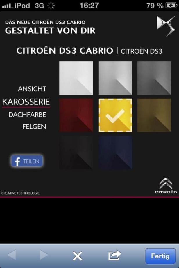 Ein Konfigurationsbildschirm für ein Citroën DS3 Cabrio mit verschiedenen Farboptionen.
