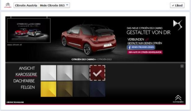 Ein roter Citroën DS3 Cabrio wird auf einer Konfigurationsseite angezeigt.