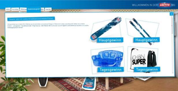 Ein Loctite-Gewinnspiel mit einem Snowboard, Skiern, einem aufblasbaren Sofa und einer Tasche als Preise.