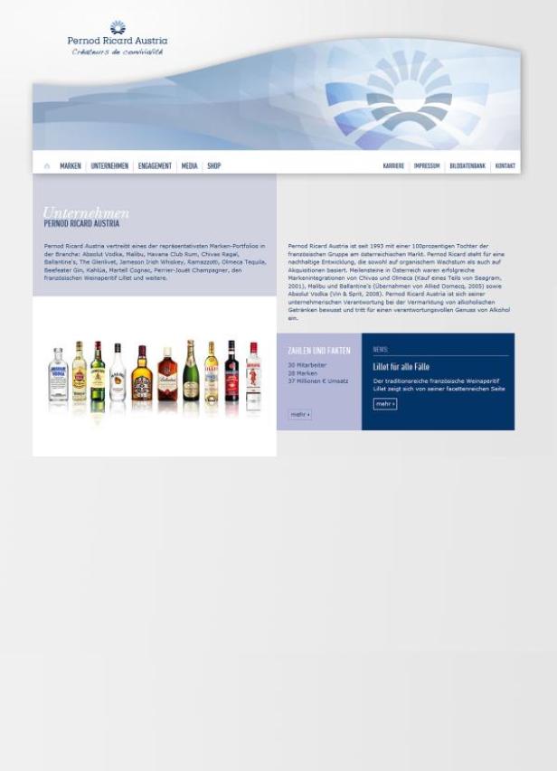 Die Webseite von Pernod Ricard Austria mit einer Auswahl ihrer Spirituosenmarken.