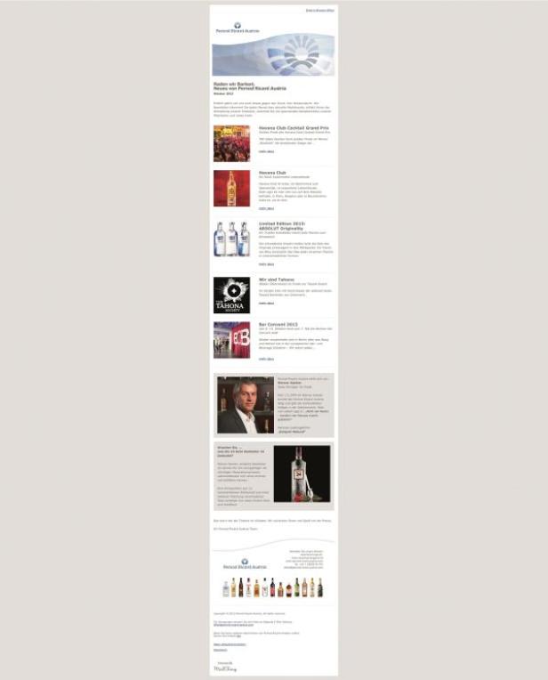 Ein Newsletter von Pernod Ricard Austria mit verschiedenen Spirituosenmarken.