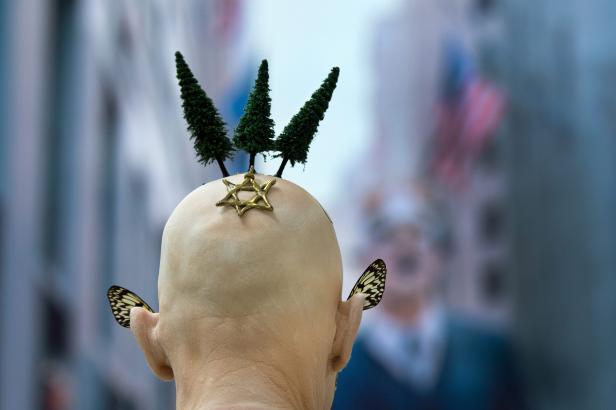 Ein Mann mit einer Davidstern-Kopfbedeckung und Schmetterlingsflügeln an den Ohren steht da.