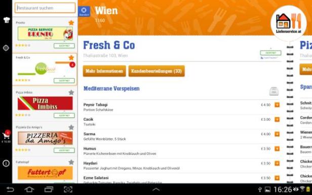 Ein Screenshot einer Lieferservice-App mit verschiedenen Restaurants in Wien.