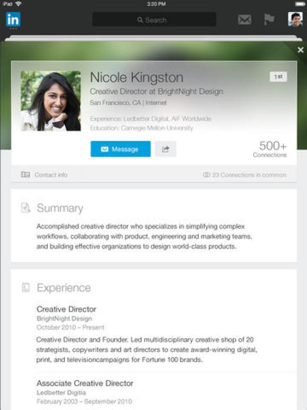 Ein LinkedIn-Profil von Nicole Kingston, Creative Director bei BrightNight Design.