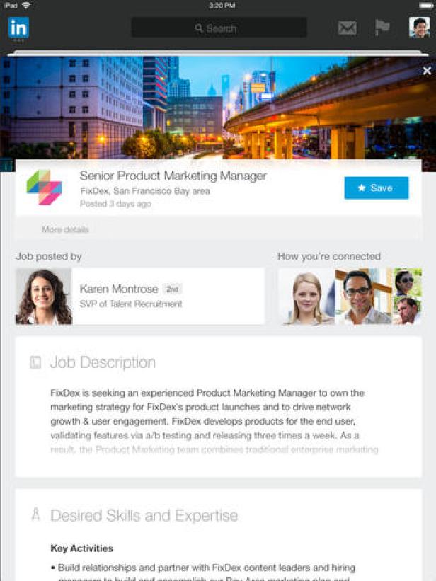 Ein Screenshot einer LinkedIn-Stellenanzeige für einen Senior Product Marketing Manager bei FixDex.