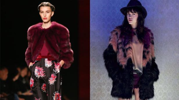 Zwei Models präsentieren Pelzmäntel auf einer Modenschau.