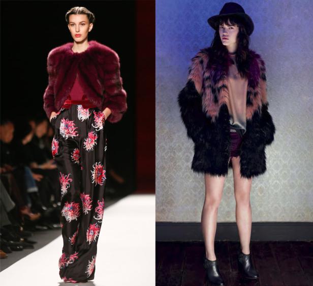 Zwei Models präsentieren Mode mit Pelzjacken und auffälligen Mustern.