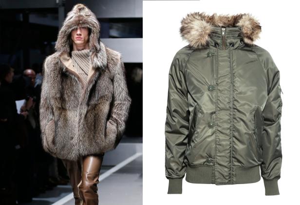 Ein Model auf dem Laufsteg mit einem großen Pelzmantel mit Kapuze, daneben eine grüne Bomberjacke mit Fellkapuze.