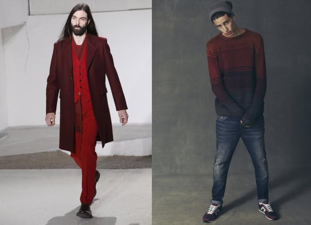 Zwei Männer präsentieren Herbstmode in Rottönen und Jeans.