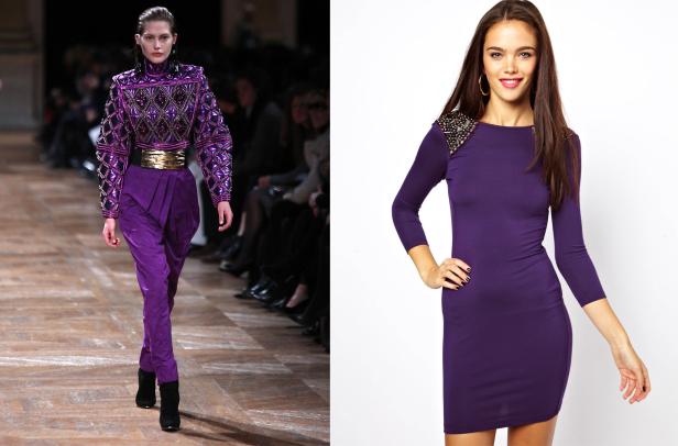 Zwei Frauen tragen lila Kleidung, eine davon ein verziertes Oberteil und Hose, die andere ein schlichtes Kleid.