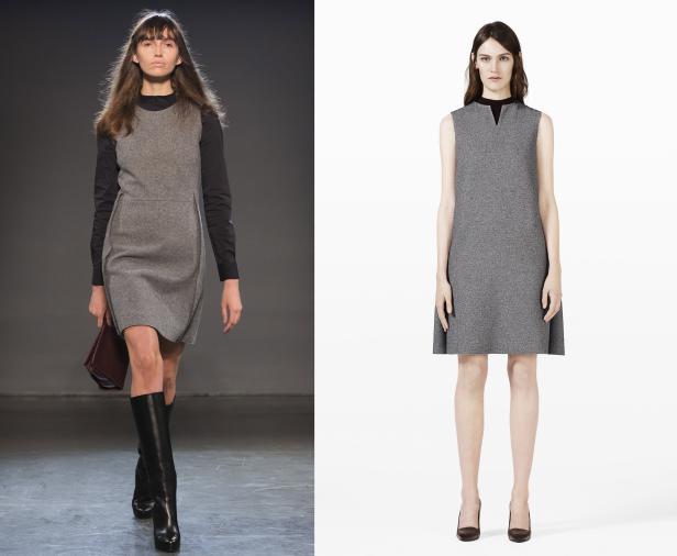 Zwei Models präsentieren ein graues Kleid mit schwarzen Stiefeln bzw. Schuhen.