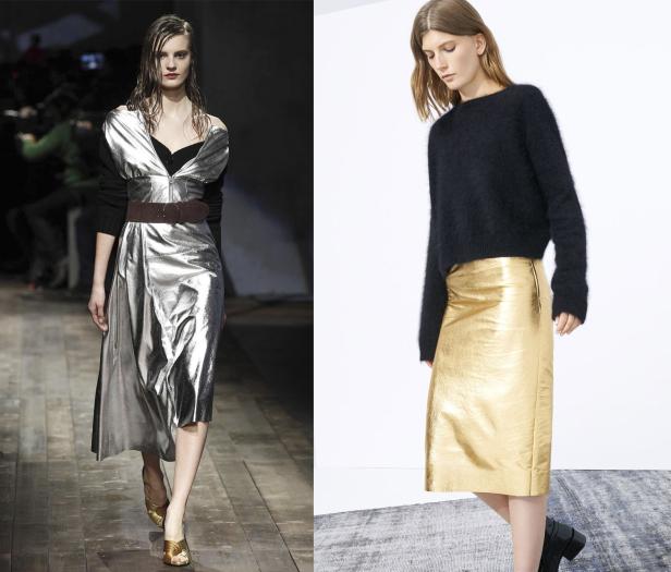 Zwei Models präsentieren Mode mit silbernen und goldenen Röcken.