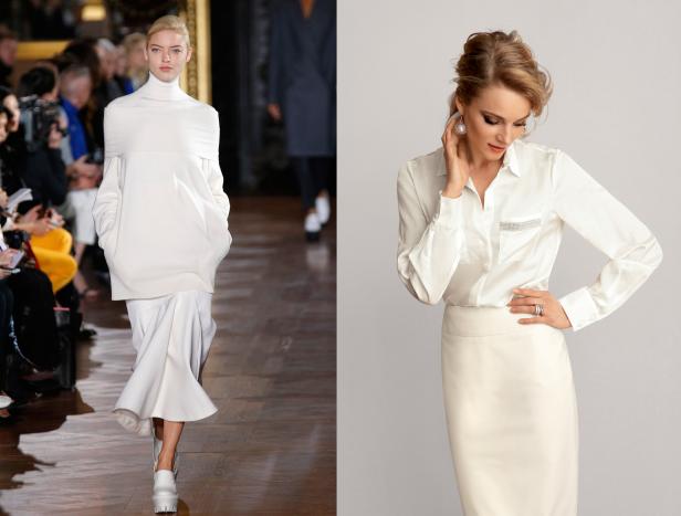 Zwei Frauen präsentieren elegante, weiße Mode.