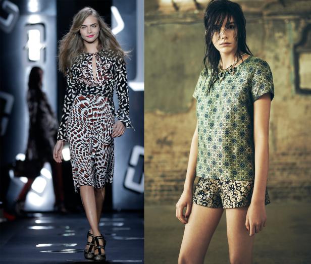 Zwei Models präsentieren Mode mit auffälligen Mustern.